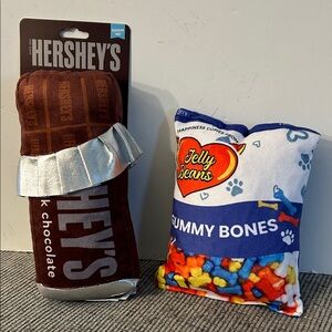 Hershey's Chocolate plush squeaky dog toy and Jelly Beans Plush crinkle dog toy